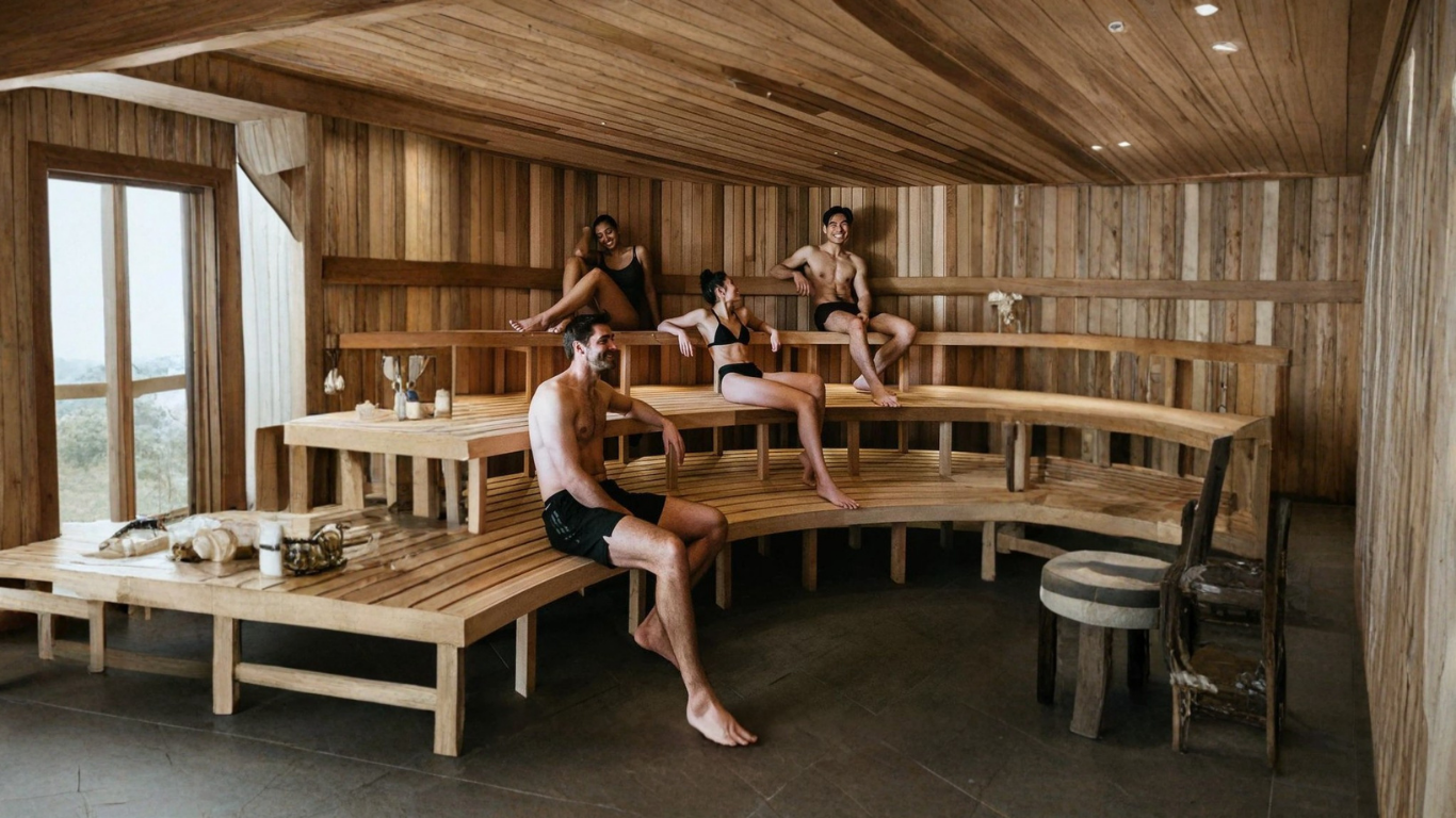 Group of friends relaxing together in a wooden sauna