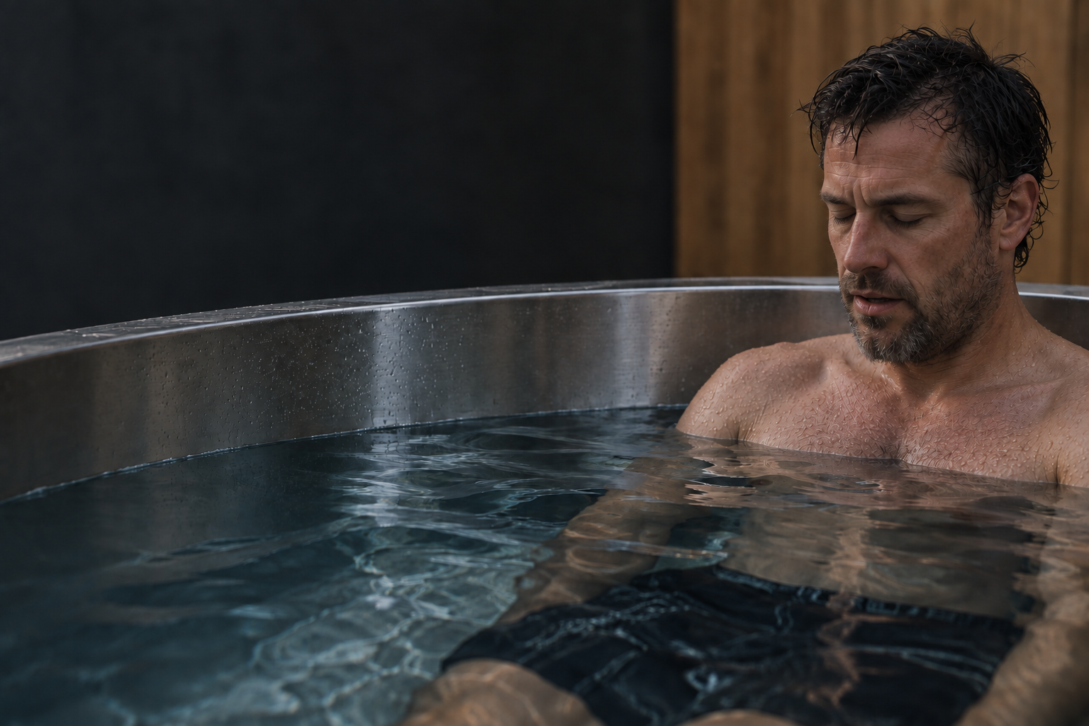 Man resting in a cold plunge at Ritual Studio