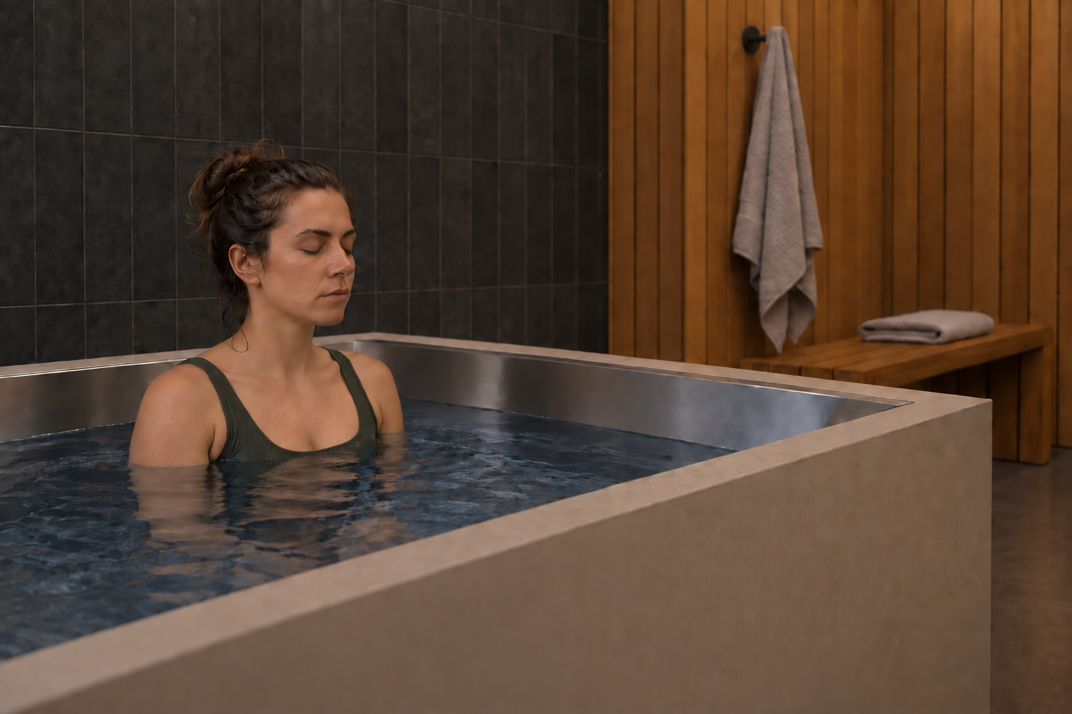 Woman resting in a cold plunge at Ritual Studio