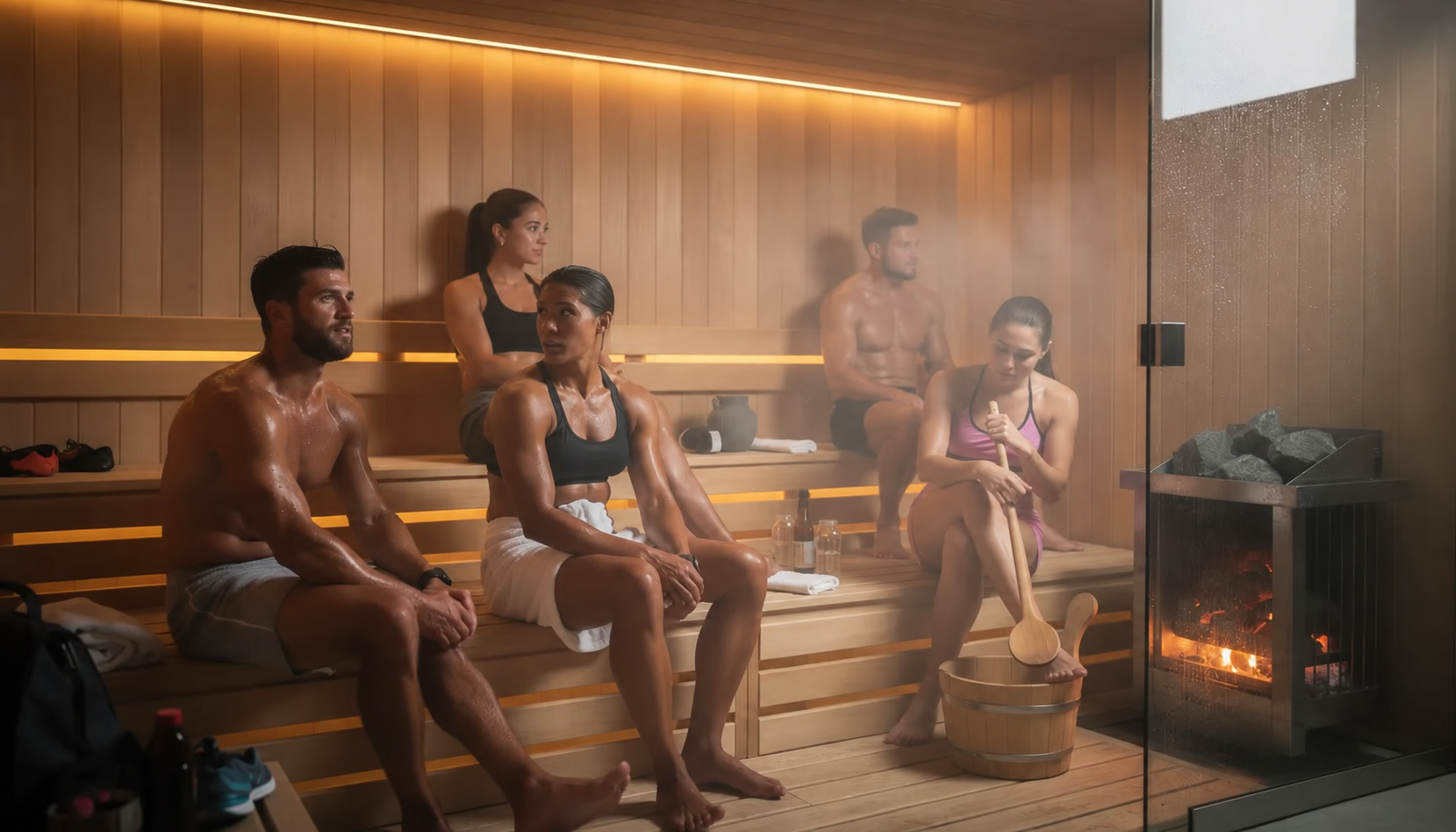 Group of friends enjoying a tech-free sauna experience together